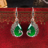 Ethnic Peacock Chalcedony Drop Earrings Vintage Thai Silver Green Agate