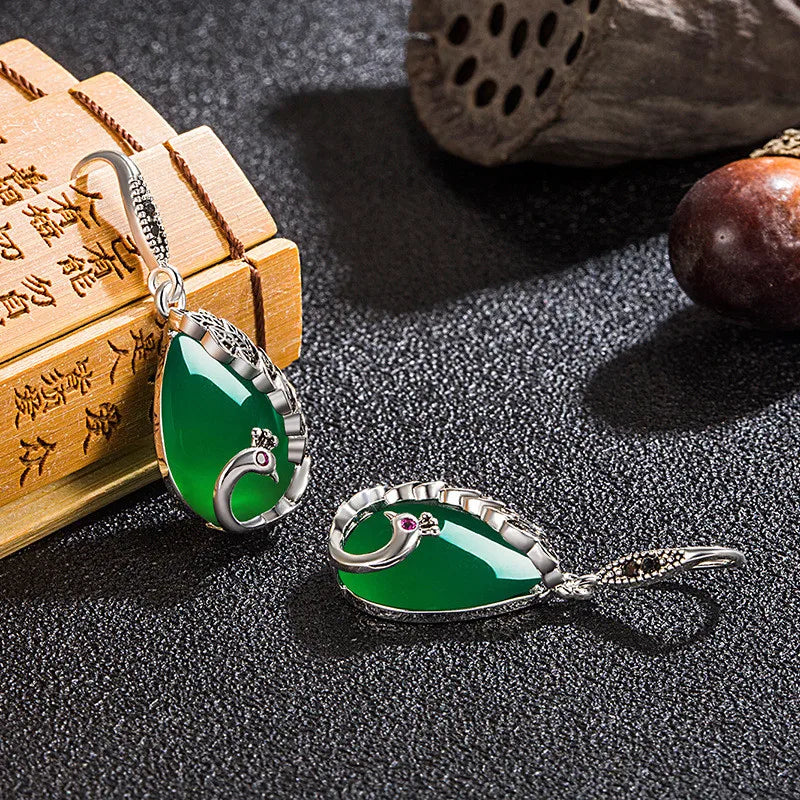 Ethnic Peacock Chalcedony Drop Earrings Vintage Thai Silver Green Agate