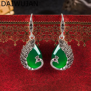 Ethnic Peacock Chalcedony Drop Earrings Vintage Thai Silver Green Agate