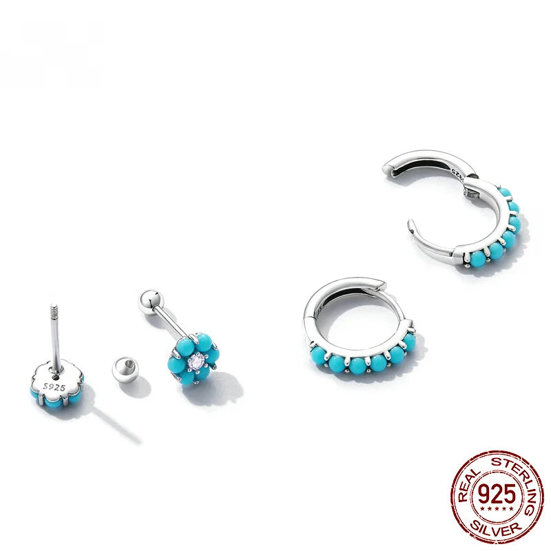 Vintage Turquoise 925 Silver Earrings Ethnic Style Women Party Vacation Gift