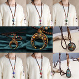 Ethnic Style Vintage Wooden Bead Necklace, Nepalese Style Pendant Jewelry