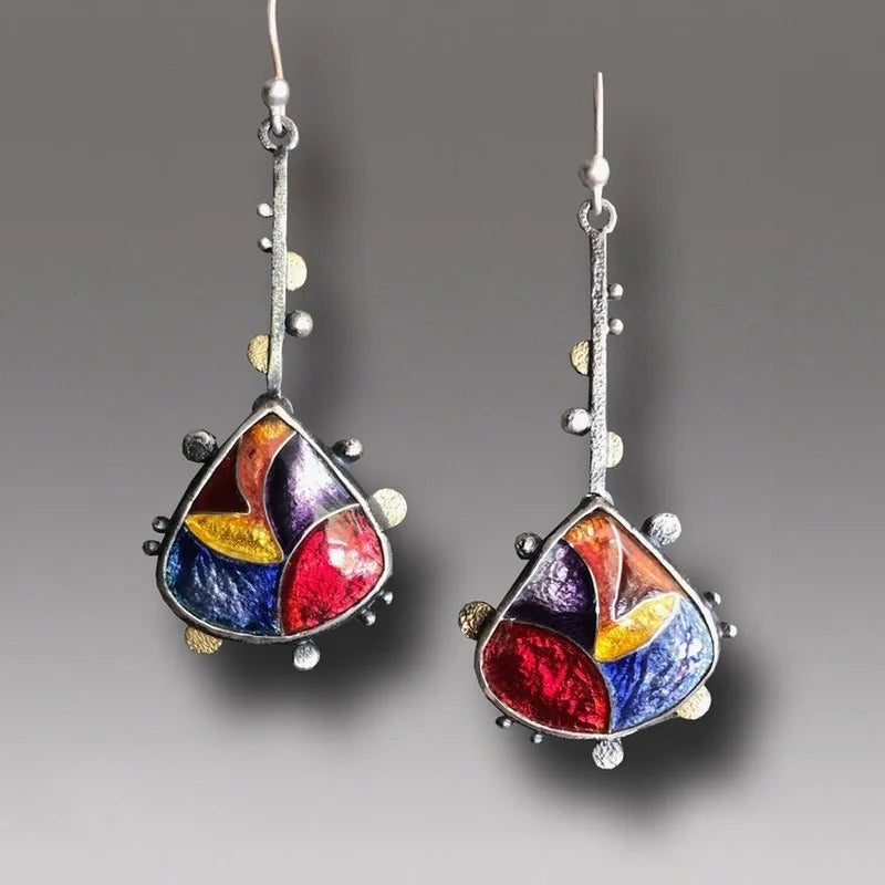 Vintage Red Yellow Stone Earrings Silver Dangle Metal Boho Earrings Women