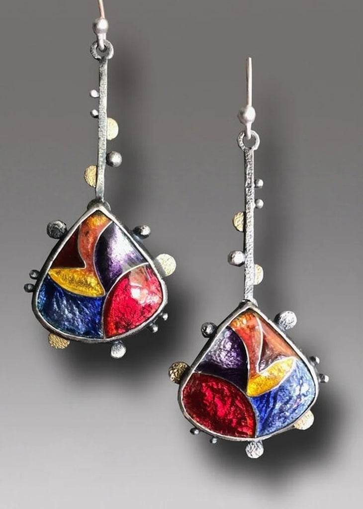 Vintage Red Yellow Stone Earrings Silver Dangle Metal Boho Earrings Women