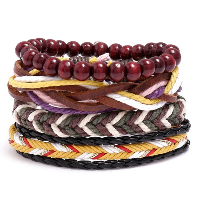 Vintage Braided Leather Bracelet Set Beads Charm Wristbands