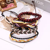 Vintage Braided Leather Bracelet Set Beads Charm Wristbands