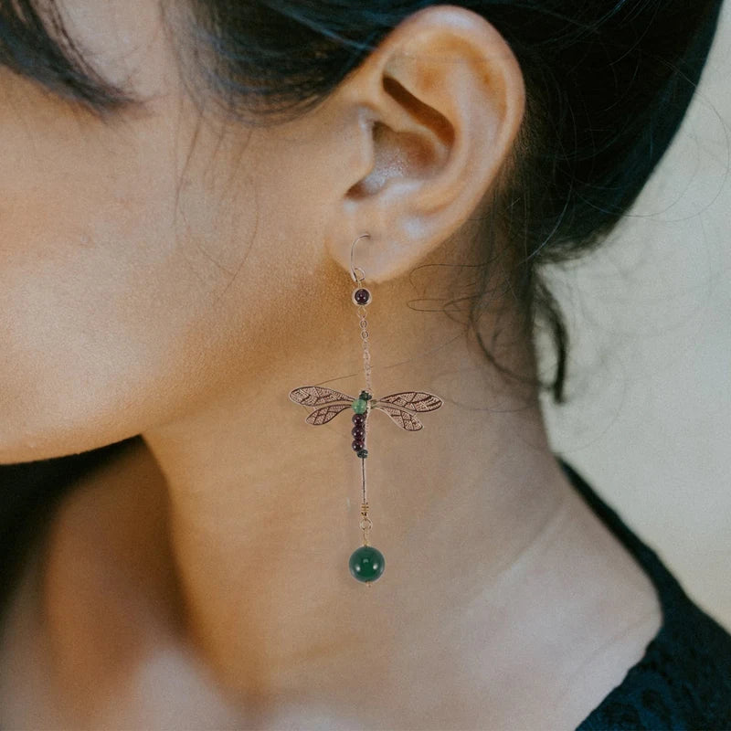 Vintage Dragonfly Stone Bead Asymmetric Dangle Earrings