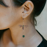 Vintage Dragonfly Stone Bead Asymmetric Dangle Earrings