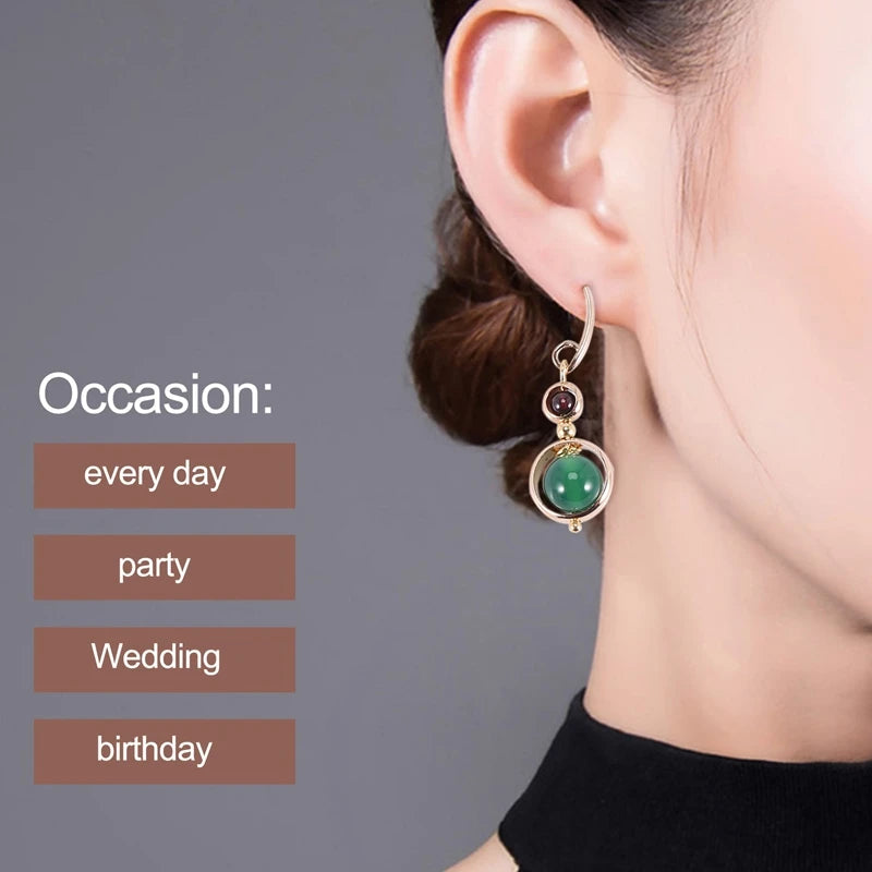 Vintage Dragonfly Stone Bead Asymmetric Dangle Earrings