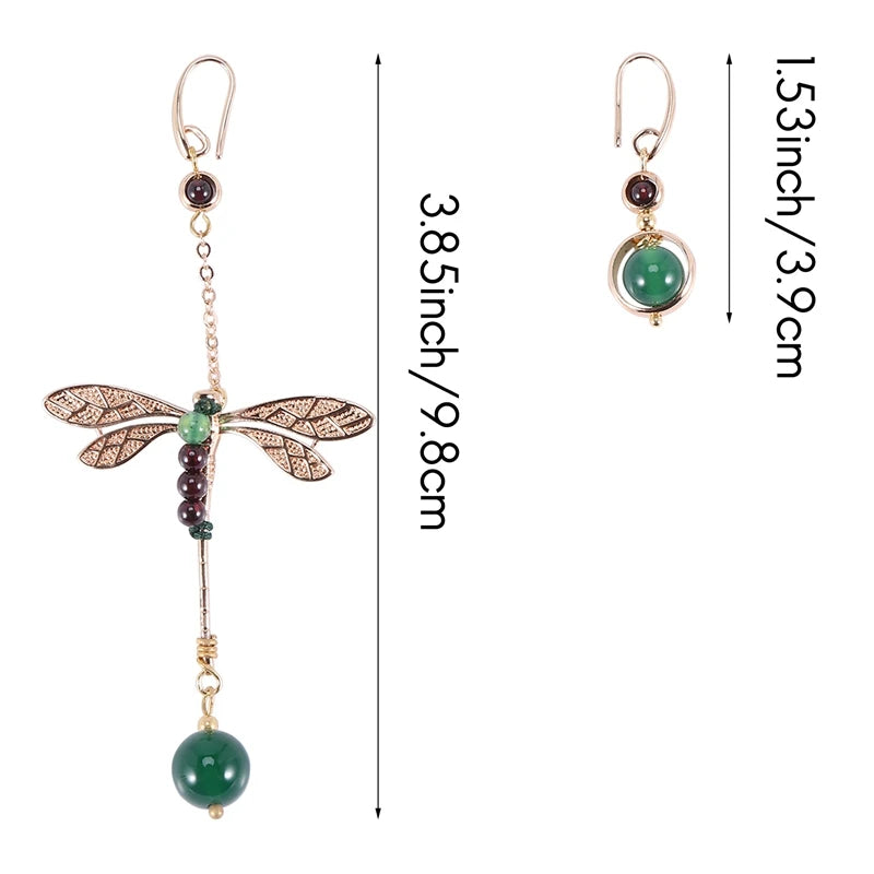 Vintage Dragonfly Stone Bead Asymmetric Dangle Earrings