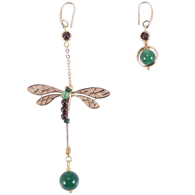 Vintage Dragonfly Stone Bead Asymmetric Dangle Earrings