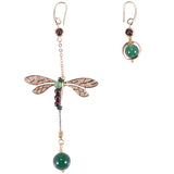 Vintage Dragonfly Stone Bead Asymmetric Dangle Earrings