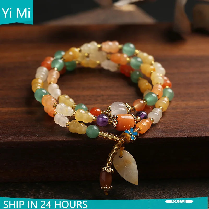 Ethnic Wind Natural Silk Jade Hand String Xinjiang Jade Three Ring Bracelet