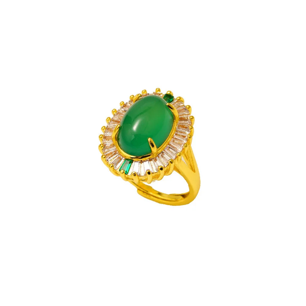 24K Vintage Green Stone Crystal Women's Ring Bride Wedding Jewelry
