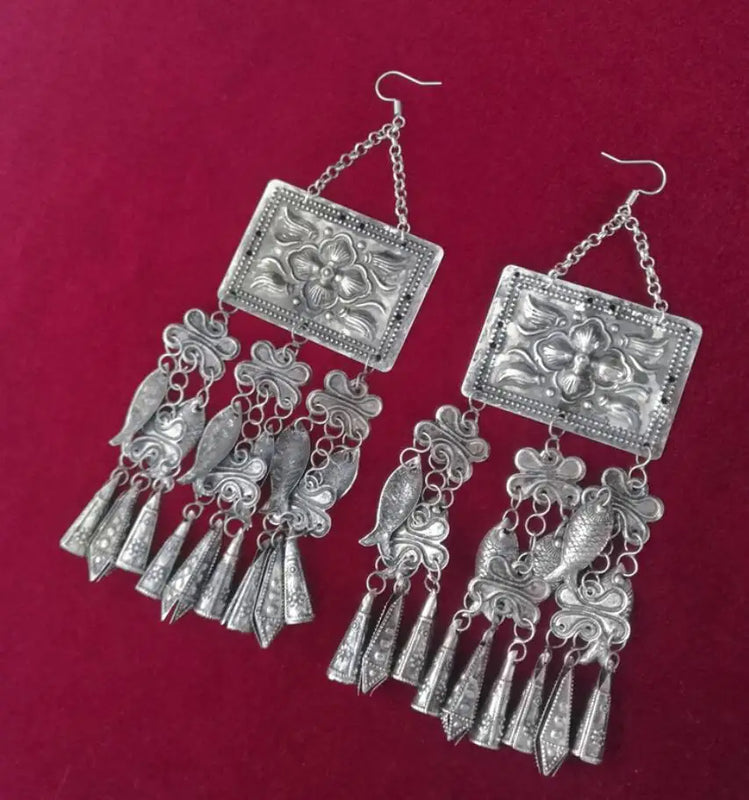 Exaggerated Miao Silver Earrings Long Earrings
