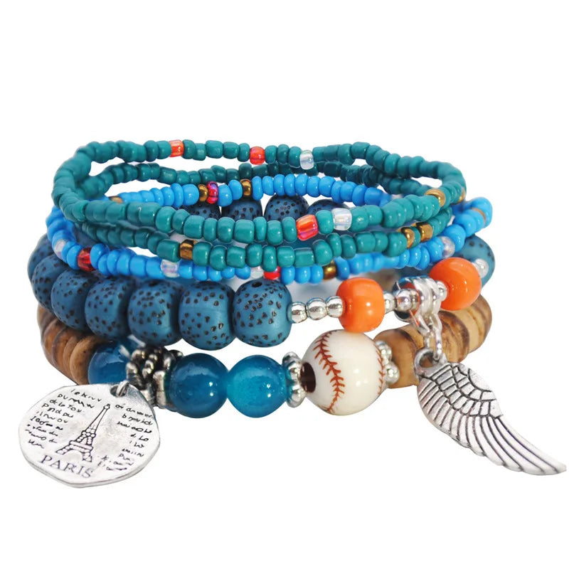 Bohemian Multi-layer Rice Bead Elastic Bracelet Set