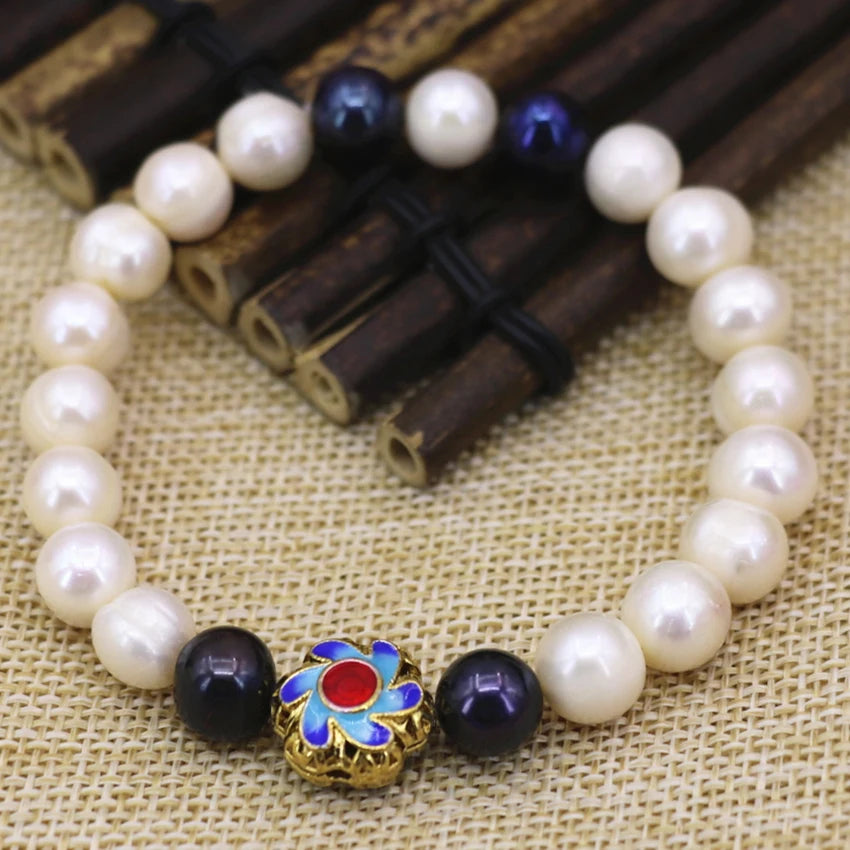 Freshwater Pearl Cloisonne Bangle Bracelet for Women 7.5inch