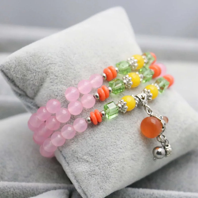 Ethnic Gourd Pendant Crystal Bracelet Pink Chalcedony Hand Chain