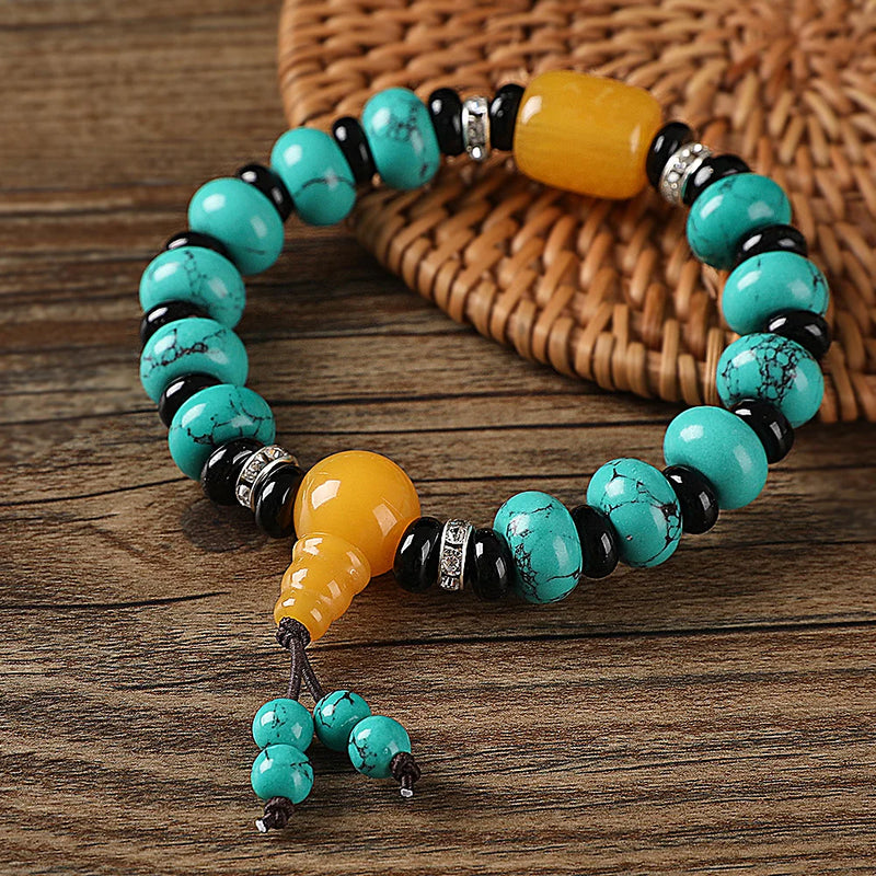 Chinese Wind Turquoise Pine Stone Bracelet Tibetan Buddhist Beads Hand Plate