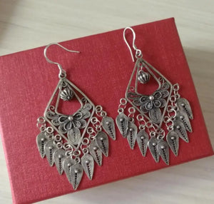 Miao Silver Filigree Flower Tassel Ethnic Earrings