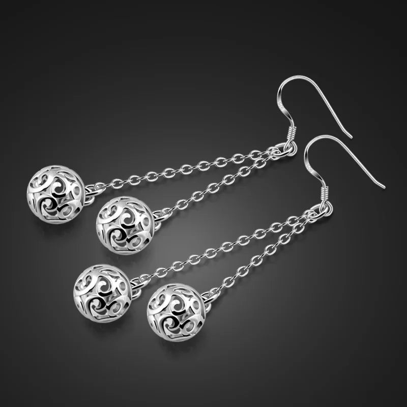 Ethnic 925 Silver Earrings Hollow Ball Pendant Solid Silver Ladies Charm Jewelry