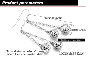 Ethnic 925 Silver Earrings Hollow Ball Pendant Solid Silver Ladies Charm Jewelry