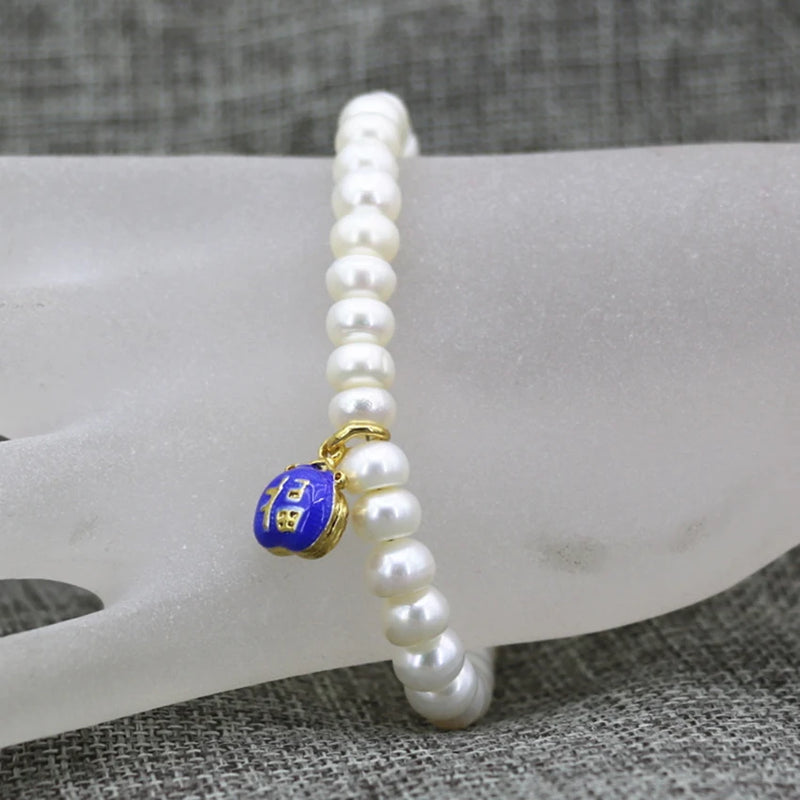 Ethnic 7-8mm Pearl Abacus Beads Bracelet with Cloisonne Spacers