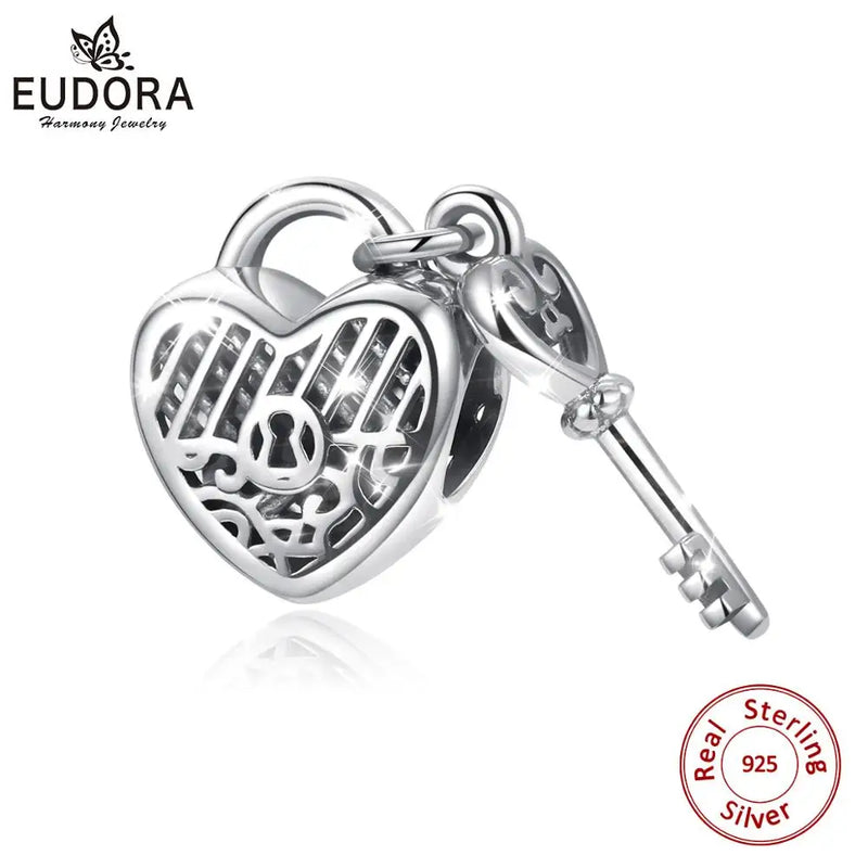925 Silver Key of Heart Lock CZ Charms for Bracelets & Necklaces