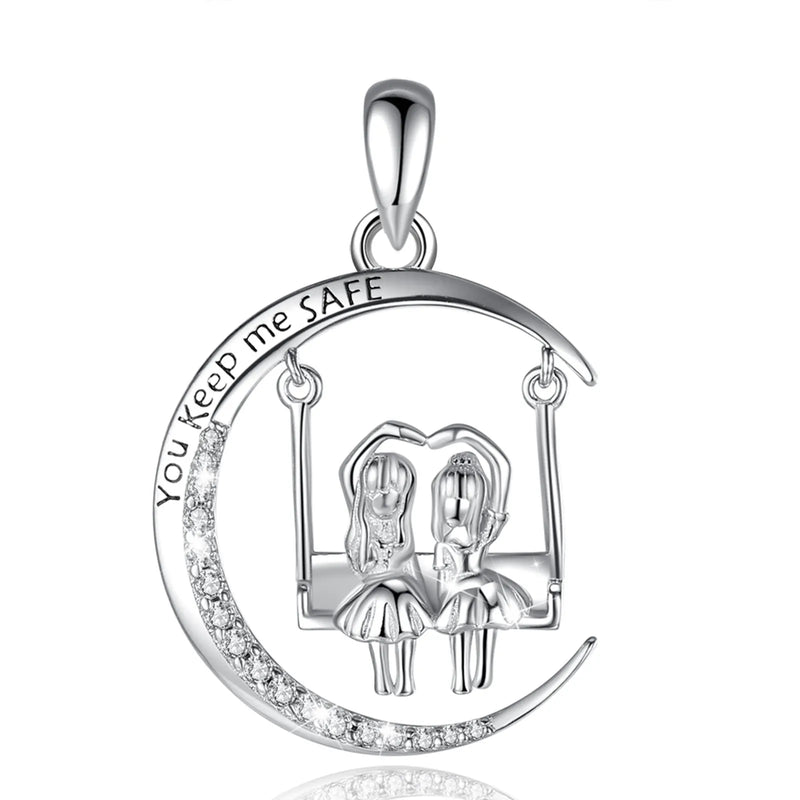 925 Silver Two Sisters Swinging Pendant Necklace for Girlfriends