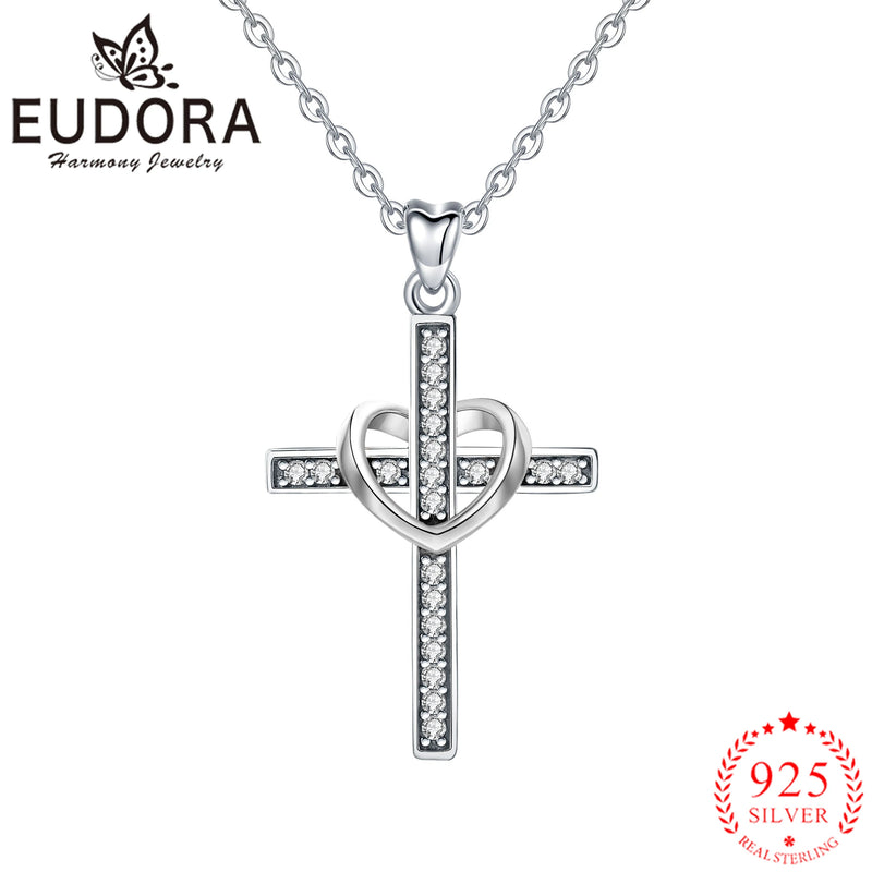 Eudora 925 Silver Lady Pendant Necklace Jewelry Crystal Cross Necklace