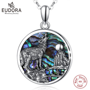 925 Silver Abalone Shell Wolf Pendant Necklace Colorful Jewelry
