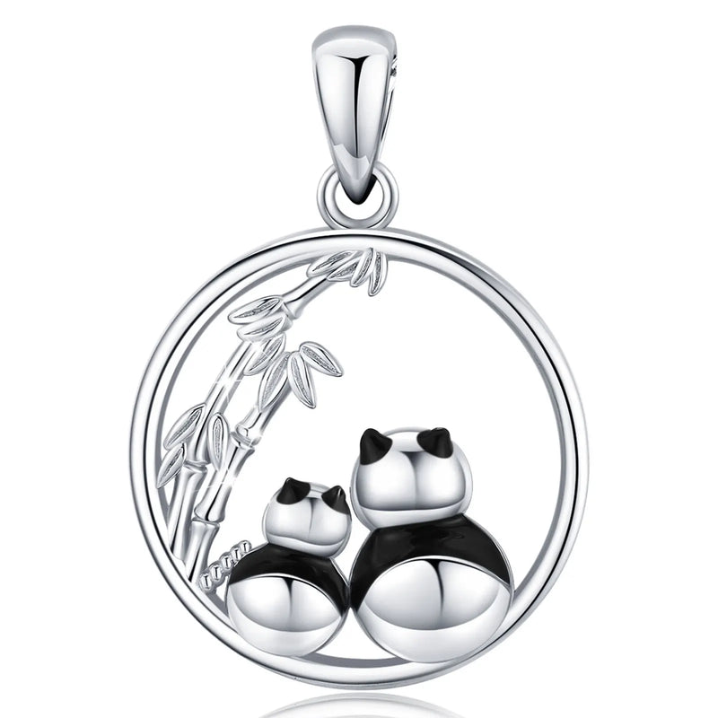 925 Sterling Silver Bamboo and Giant Panda Round Pendant Jewelry Women