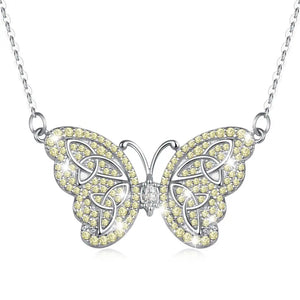 925 Silver Yellow Crystal Butterfly Pendant Necklace D554