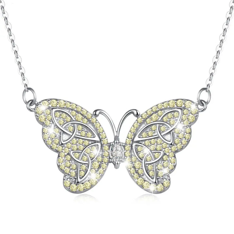 925 Silver Yellow Crystal Butterfly Pendant Necklace D554