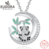 Eudora 925 Silver Panda CZ Moon Pendant Necklace Woman Jewelry