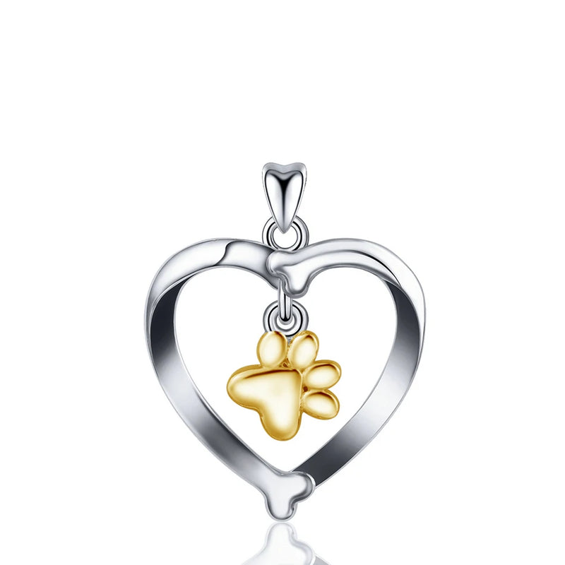 925 Sterling Silver Pet Dog Cat Bone & Footprint Pendant Necklace