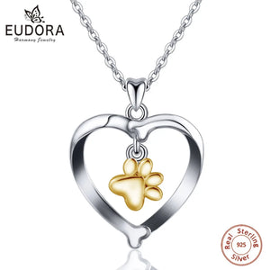 925 Sterling Silver Pet Dog Cat Bone & Footprint Pendant Necklace