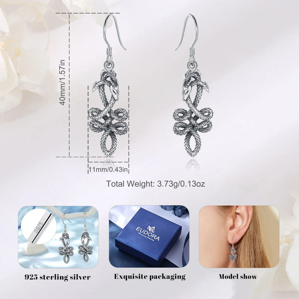 925 Silver Dragon Earring Women's Vintage Animal Celtic Knot Drop Gothic Jewelry