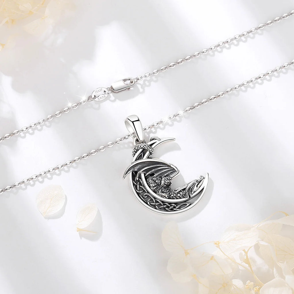 Eudora Silver Dragon Necklace Vintage Celtic Moon Pendant Gothic Jewelry