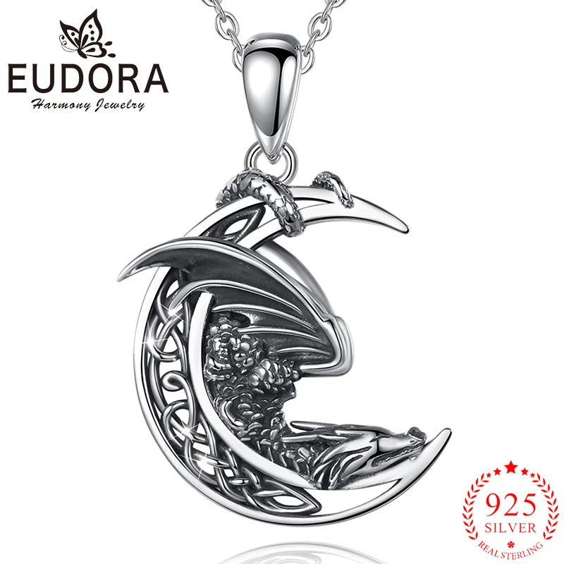 Eudora Silver Dragon Necklace Vintage Celtic Moon Pendant Gothic Jewelry