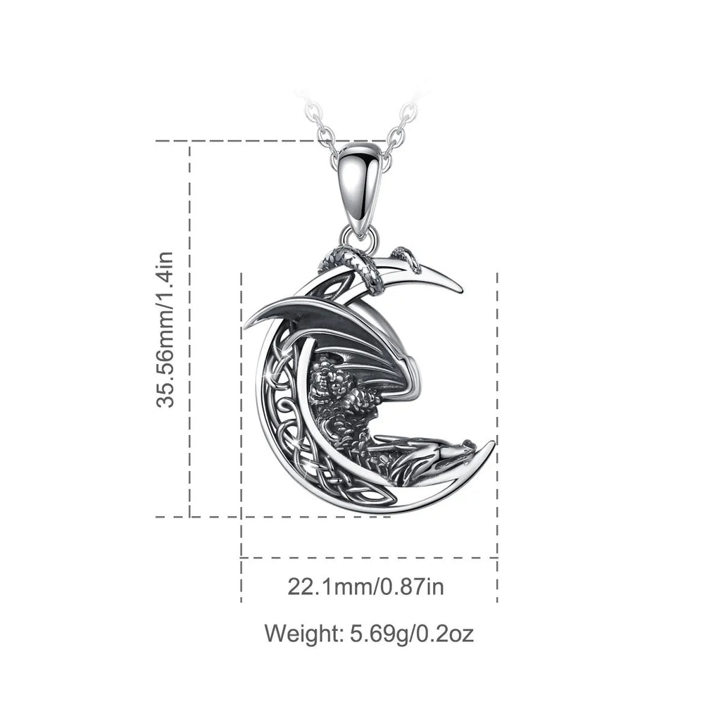Eudora Silver Dragon Necklace Vintage Celtic Moon Pendant Gothic Jewelry