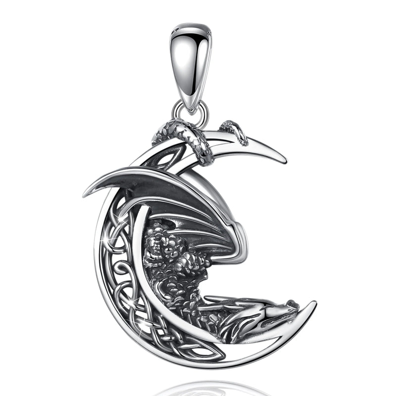Eudora Silver Dragon Necklace Vintage Celtic Moon Pendant Gothic Jewelry