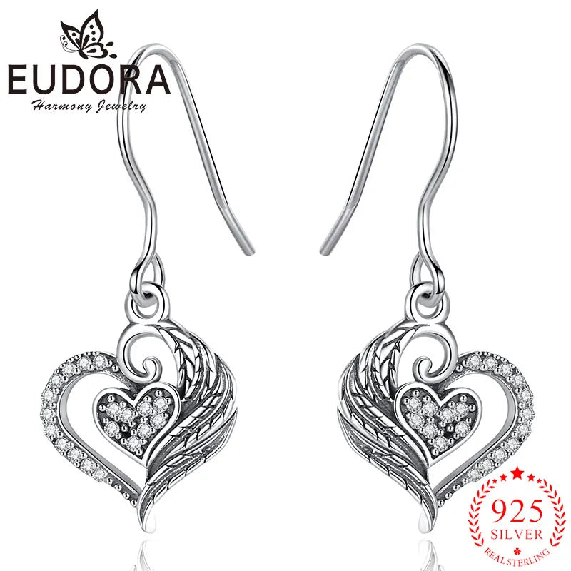 Eudora 925 Silver Heart Drop Earrings Zircon Vintage Women's Jewelry