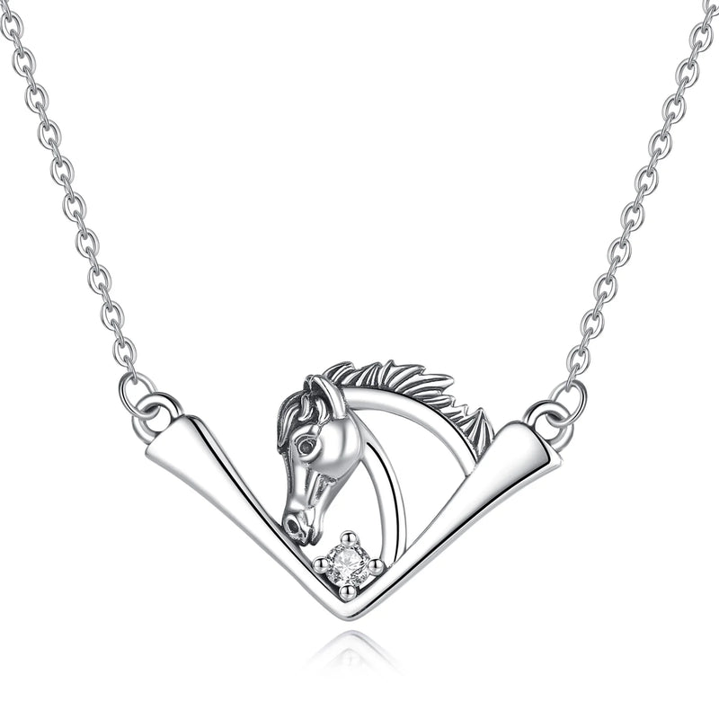 925 Silver Horse Pendant CZ Necklace Animal Series Jewelry