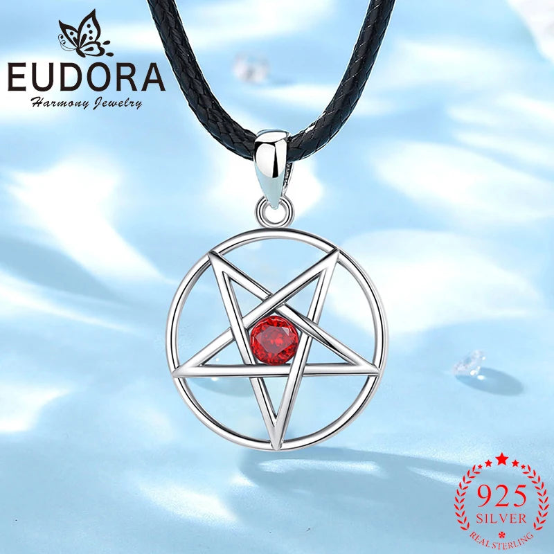 Eudora 925 Silver Pentagram Necklace Red Birthstone Lucky Star Pendant
