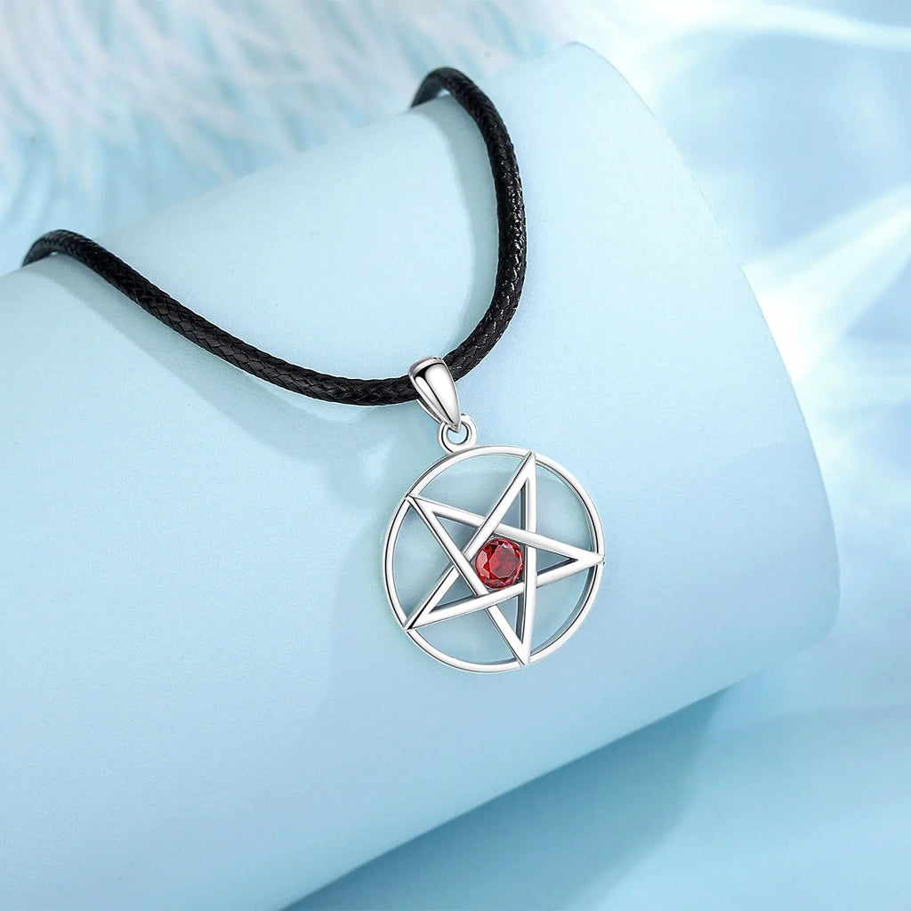 Eudora 925 Silver Pentagram Necklace Red Birthstone Lucky Star Pendant
