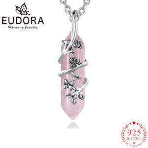 Eudora Silver Rose Flower Pendant with Pink Crystal