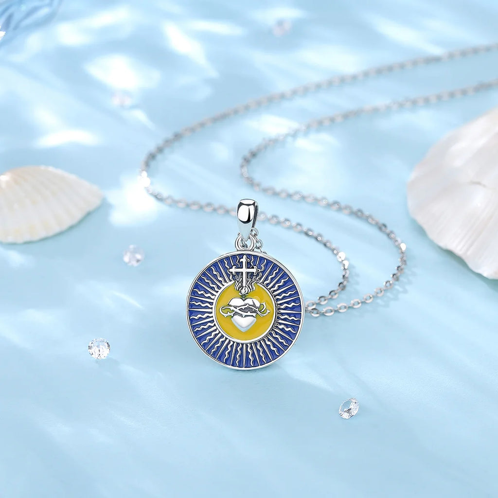 925 Sterling Silver Sacred Heart of Jesus Cross Necklace Enamel Pendant