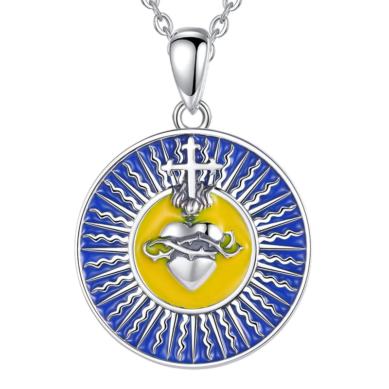 925 Sterling Silver Sacred Heart of Jesus Cross Necklace Enamel Pendant