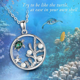 Sterling Silver Sea Turtle Pendant Necklace with Green Enamel Craft Pearls
