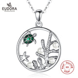 Sterling Silver Sea Turtle Pendant Necklace with Green Enamel Craft Pearls